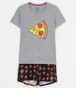 Pijama Manga Curta Estampa Fatia de Pizza