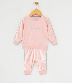 Conjunto Infantil em Veludo Blusão com Estampa e Calça Detalhe na Lateral - Tam 0 a 18 meses