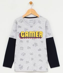 Camiseta Infantil Sobreposta Estampada Gamer - Tam 5 a 14 anos