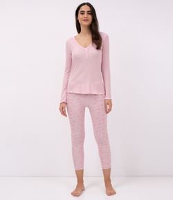 Pijama em Ribana Mescla e Calça Estampada 