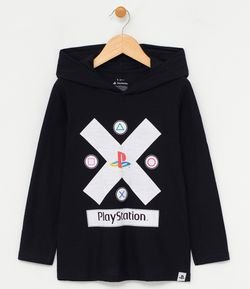 Camiseta Infantil com Capuz Estampa Playstation - Tam 5 a 14 anos