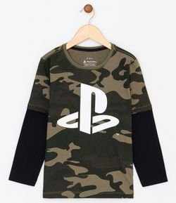 Camiseta Infantil Camuflado Playstation - Tam 5 a 14