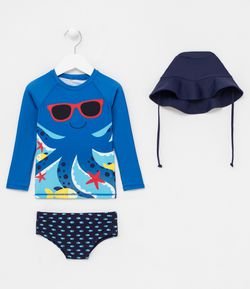 Conjunto Praia Infantil com Proteção UV Camiseta Estampada Sunga Estampada e Chapéu - Tam 6 meses a 4 anos