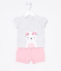 Conjunto Infantil Blusa Estampa de Ursinha e Short Liso - Tam 0 a 18 meses