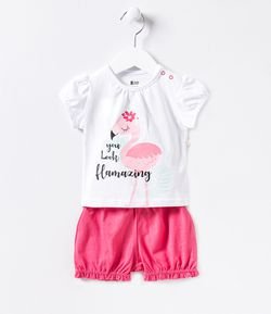 Conjunto Infantil Blusa Estampa de Flamingo e Short Fofo - Tam 0 a 18 meses