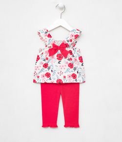 Conjunto Infantil Blusa Estampa Floral com Laço e Calça Legging - Tam 0 a 18 meses
