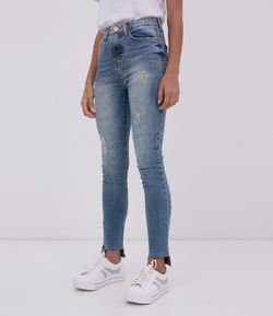 Calça Jeans Skinny com Rede e Puídos