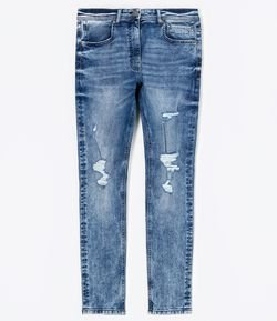 Calça Jeans Super Skinny Marmorizada com Puídos 