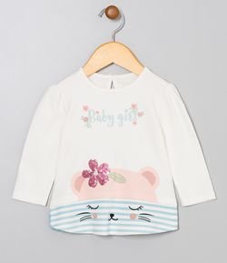 Camiseta Infantil Estampa de Ursinha com Detalhe em Tule - Tam 0 a 18 meses