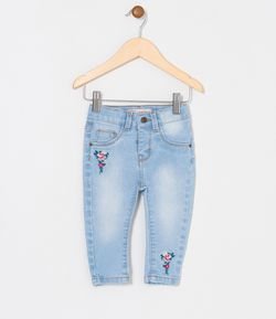 Calça Infantil em Jeans Bordado de Flores - Tam 3 a 18 meses