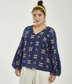 Blusa Bata Estampada com Manga Bufante Curve & Plus Size
