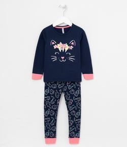 Pijama Infantil Estampa de Gatinha com Flores - Tam 1 a 4 anos