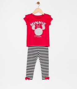 Conjunto Infantil Blusa Estampa da Minnie e Calça Legging Listrada - Tam 1 a 6 anos
