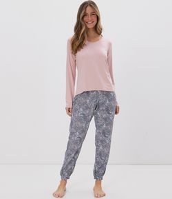 Pijama Manga Longa Liso com Calça Estampa Paisley