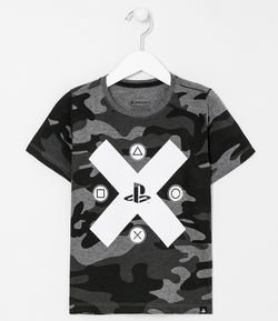 Camiseta Infantil Camuflada com Estampa Playstation - Tam 5 a 14 anos