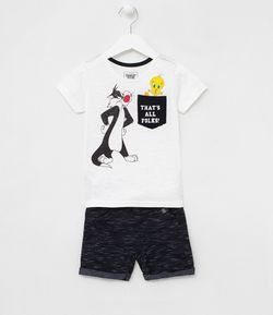 Conjunto Infantil Camiseta Estampa Frajola e Piu Piu e Bermuda em Moletom - Tam 1 a 4 anos