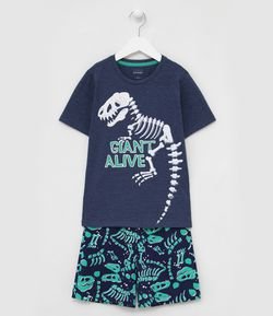 Pijama Infantil Estampa Esqueleto de Dinossauro Brilha no Escuro - Tam 5 a 14 anos