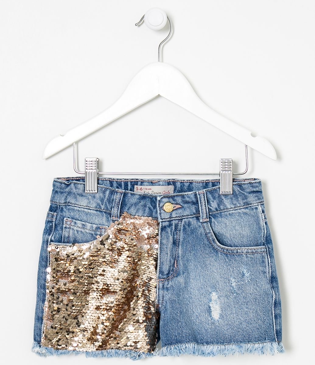 Short Infantil Em Jeans Com Paetes 5 A 14 Anos Short Infantil Em Jeans Com Paetes 5 A 14 Anos