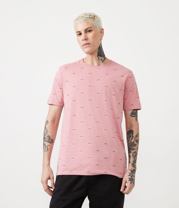 Camiseta Regular em Algodão com Estampa de Mini Ondas Rosa 1