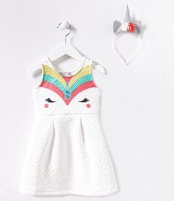 Vestido Infantil Texturizado Estampa de Unicónio com Tiara - Tam 1 a 4 anos