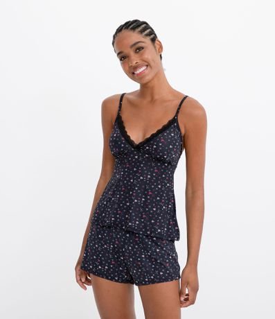 Pijama Short Doll em Microfibra de Alcinha com Bojo e Estampa de Corações Menor preço em Pijama Short Doll em Microfibra de Alcinha com Bojo e Estampa de Corações