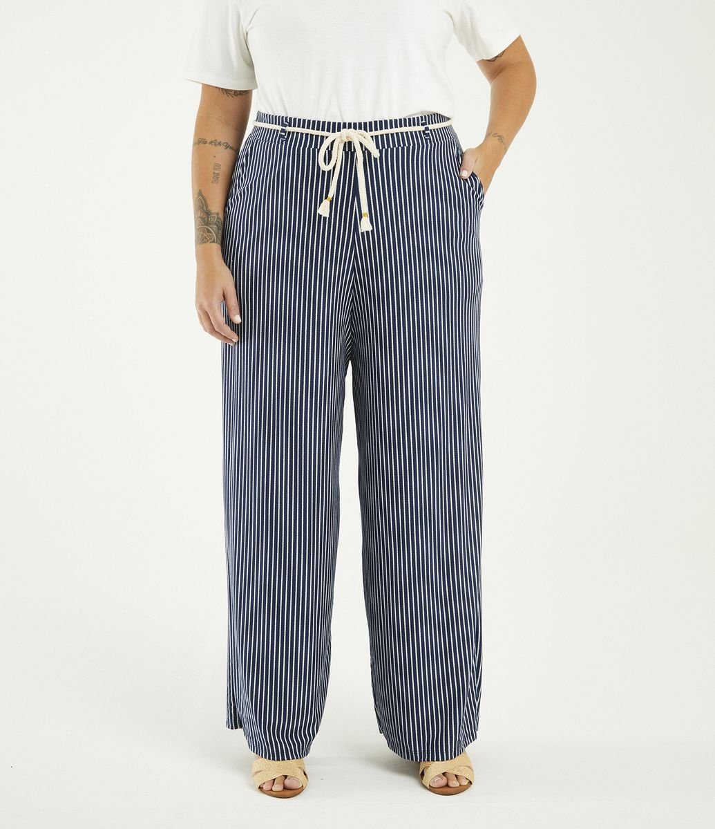 calça pantalona listrada plus size