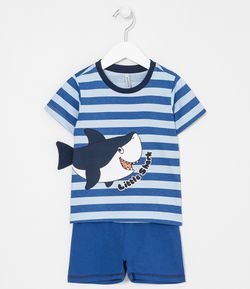 Pijama Infantil Listrado Estampa Interativa de Tubarão - Tam 1 a 4 anos