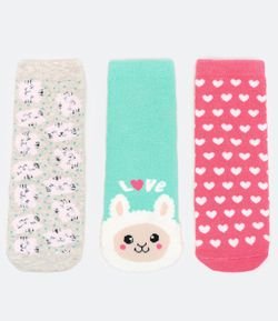Kit 3 Meias Infantis Atoalhadas Estampa Corações e Ovelha - Tam 19 ao 34
