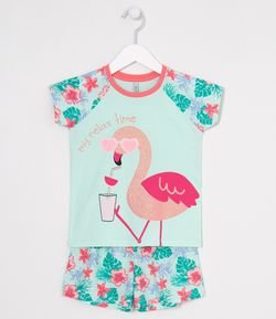 Pijama Infantil Estampa Floral e Flamingo - Tam 5 a 14 anos