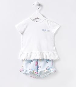 Conjunto Infantil Blusa com Renda e Short Estampa de Borboletas - Tam 0 a 18 meses