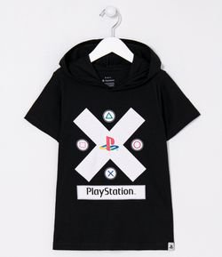 Camiseta Infantil Estampa Playstation com Capuz - Tam 5 a 14 anos