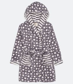 Robe Fleece Curto Manga Longa Estampa com Estrelas e Listras