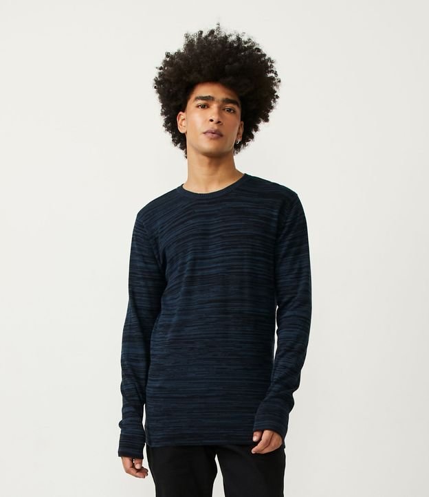 Suéter Regular Básico em Algodão com Efeito Rajado Azul 1