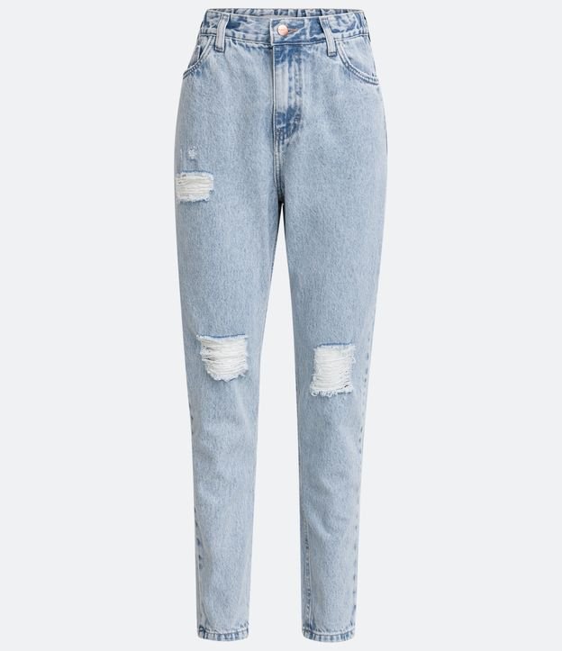 Calça Mom em Jeans com Elástico no Cós e Rasgos Azul 6