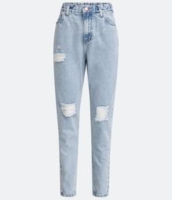 Calça Mom em Jeans com Elástico no Cós e Rasgos