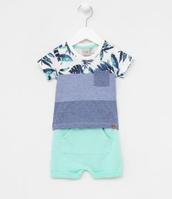 Conjunto Infantil Camiseta com Estampa Floral e Bermuda Saruel - Tam 0 a 18 meses