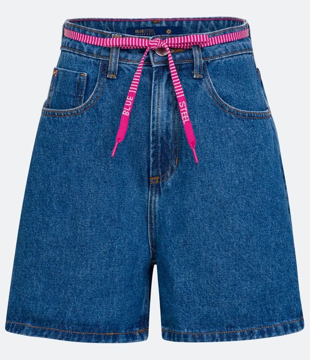 Short Mom Cintura Alta em Jeans com Bolsos com Puídos Azul 5