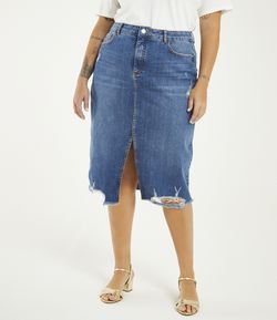 Saia Midi Jeans com Fenda e Puídos Curve & Plus Size