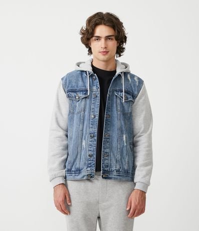 Menor preço em Jaqueta Jeans Básica com Capuz e Manga em Moletom