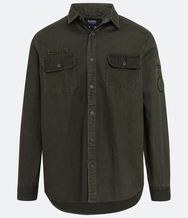 Camisa Overshirt em Sarja com Bolsos Frontais e Patchs Aplicados Verde Escuro 6