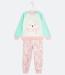 Pijama Infantil Longo em Fleece Bordado Urso Tam 5 a 14 Anos