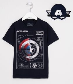 Camiseta Infantil Estampa Escudo do Capitão América e Máscara - Tam 4 a 10 anos