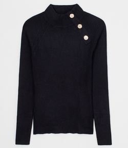 Blusa Manga Longa em Tricô Lisa com Botões e Gola Alta