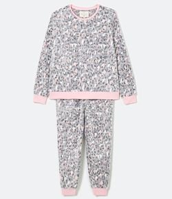 Pijama Manga Longa Calça com Punhos Estampa Leopardo Fleece