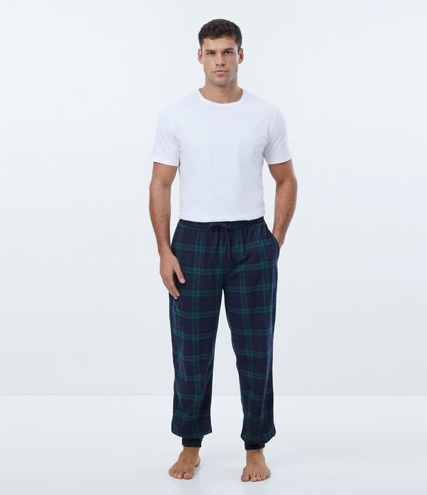 Calça de Pijama com Cós Elástico e Estampa Xadrez - Cor: Azul - Tamanho: G