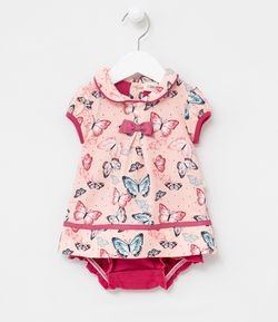 Vestido Body Infantil Estampa de Borboletascom Gola Boneca - Tam 0 a 18 meses