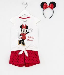 Conjunto Infantil Blusa Estampa da Minnie e Short Estampado com Tiara da Minnie - Tam 1 a 6 anos