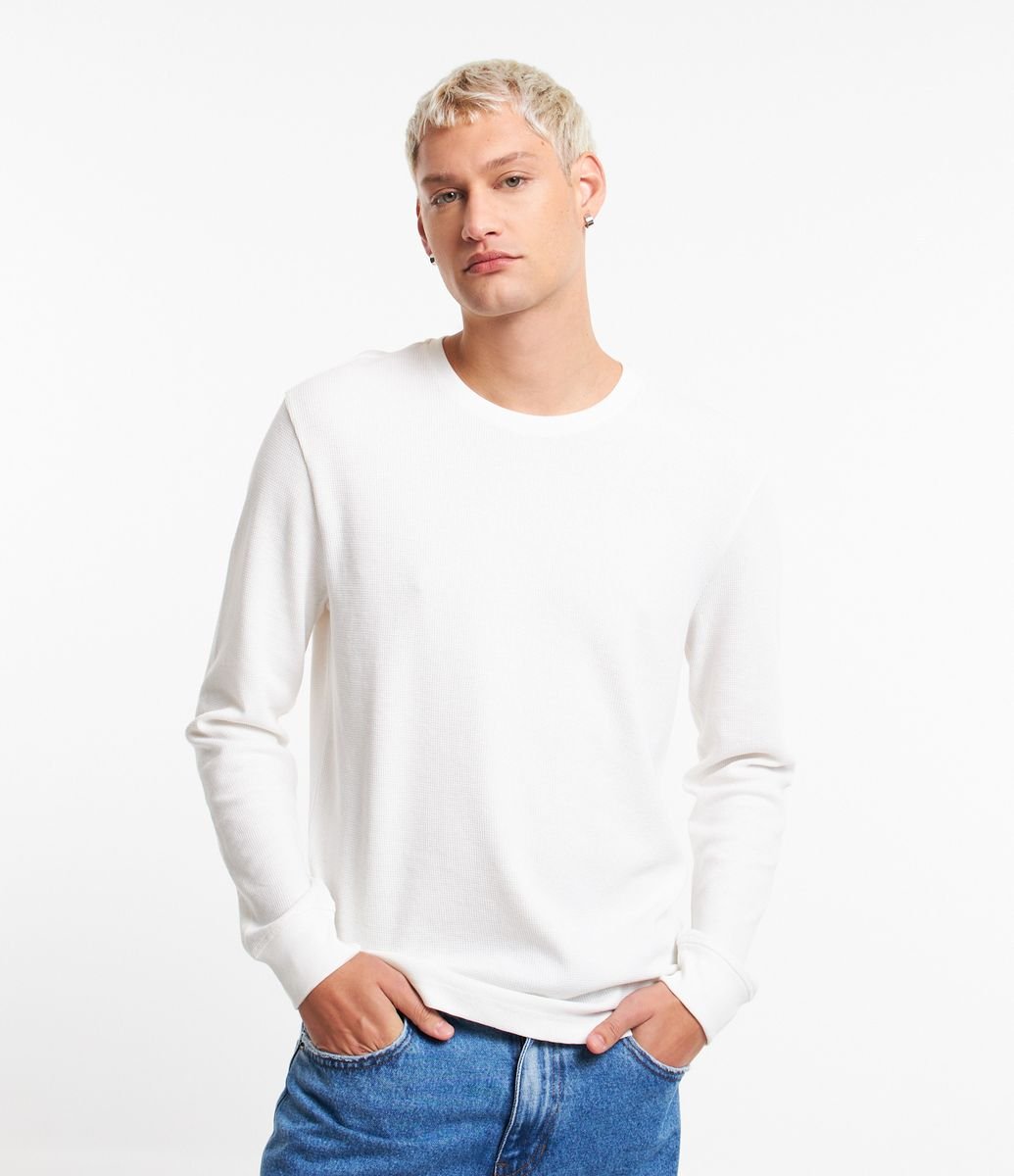 Camiseta Regular em Algodão com Textura Waffle e Manga Longa Branco
