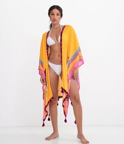 Saída de Praia Kimono Pontas com Tassel Estampado em Viscose