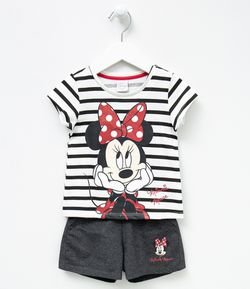 Conjunto Infantil Blusa Listrada Estampa da Minnie e Short Estampa da Minnie - Tam 1 a 6 anos